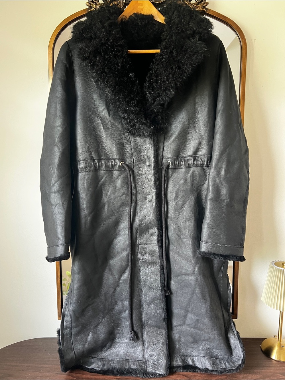 MEFI Studios Black Genuine Lambskin Shearling Leather Long Coat L